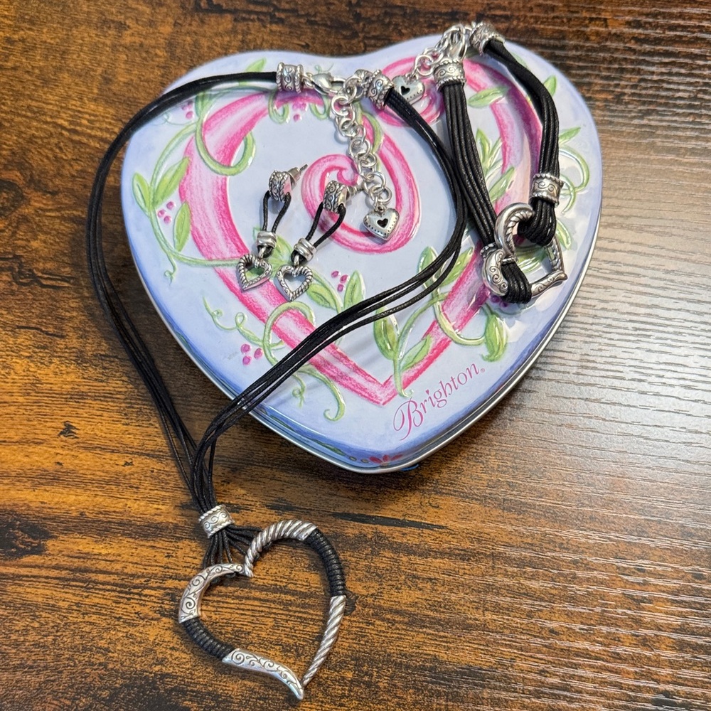 Brighton Silver Heritage Heart Pendant with Black Cord, Bracelet, Earrings